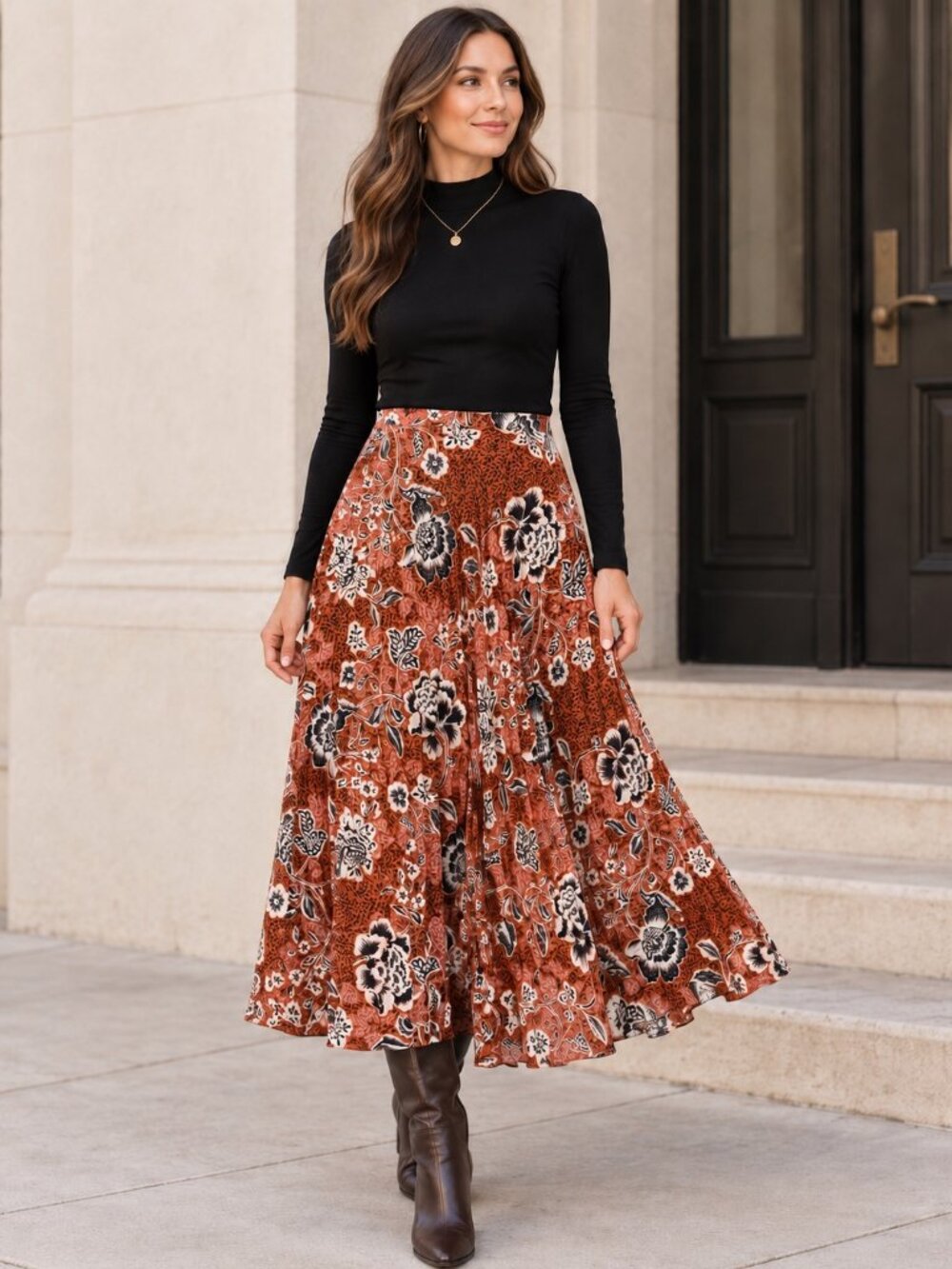 Garnet Hill Pleated Floral Midi Skirt Womens Size M Rust Boho Cottagecore